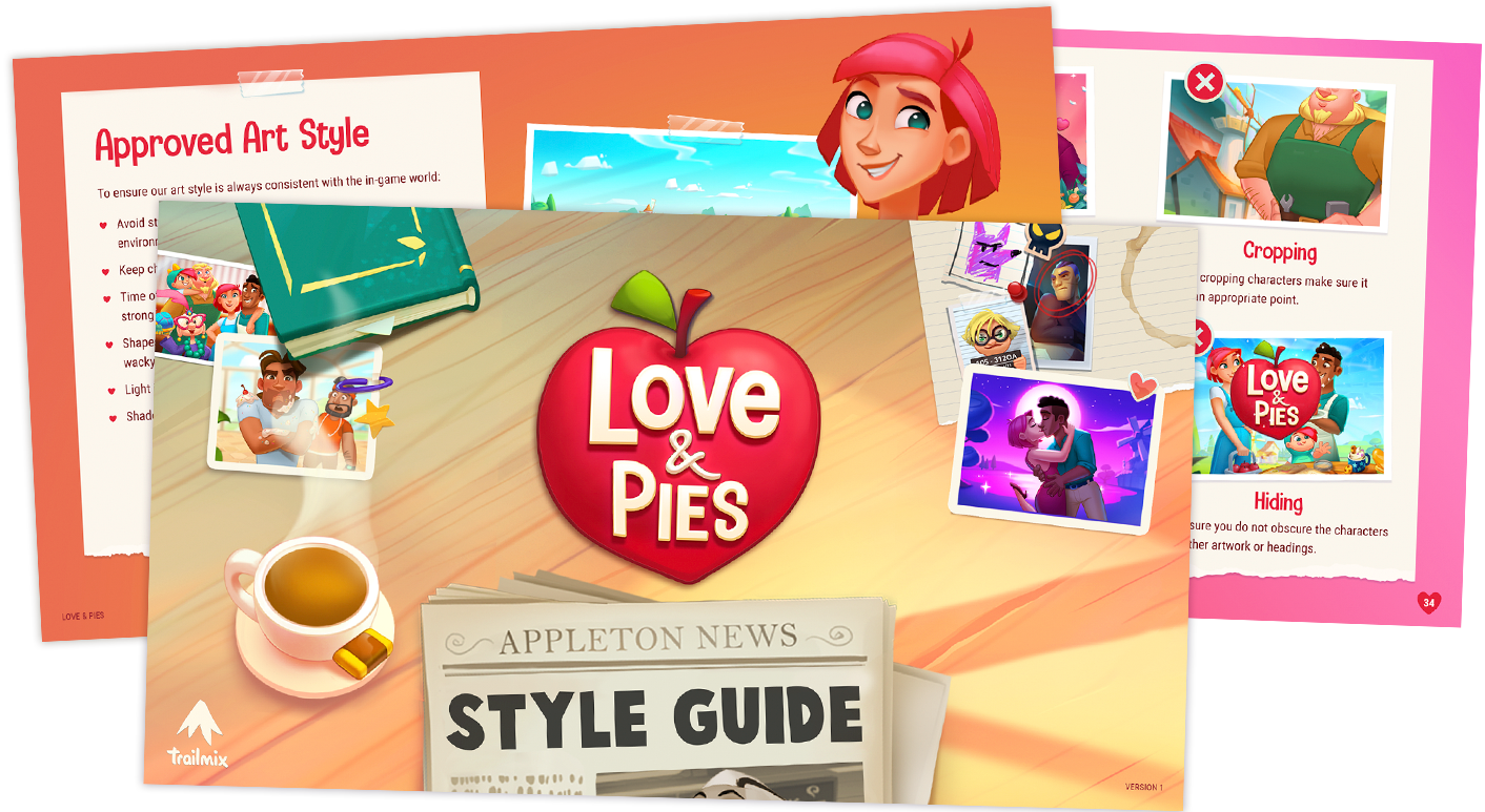 A stack of three pages from the Love and Pies brand book